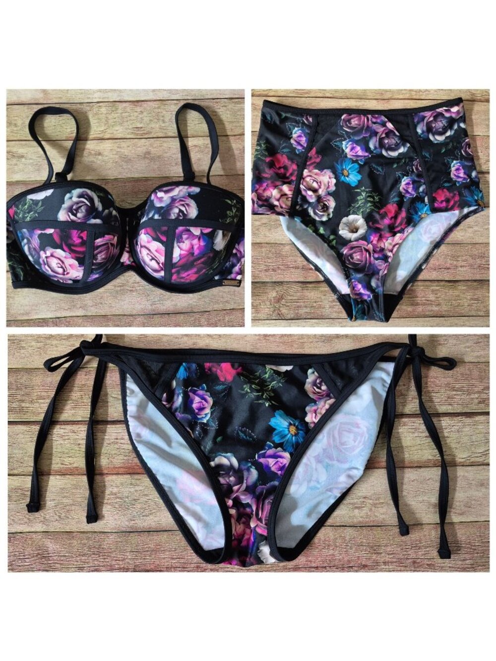 Panache Jolee Black Floral Bandeau 3 Piece Bikini Set Underwire 34DD Bottoms M
